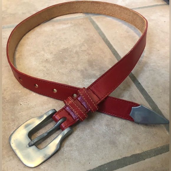 Vintage Accessories - 90s era Red leather belt with silver hardware vintage western style size small
